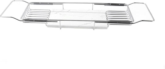 Haofy Expandable Bathtub Caddy Tray, Stainless Steel Bathtub Shelf with Marble Base, Anti-Slip Space Saving Bath Tray Organizer for Bathroom, House Warming Gift (Silver White)