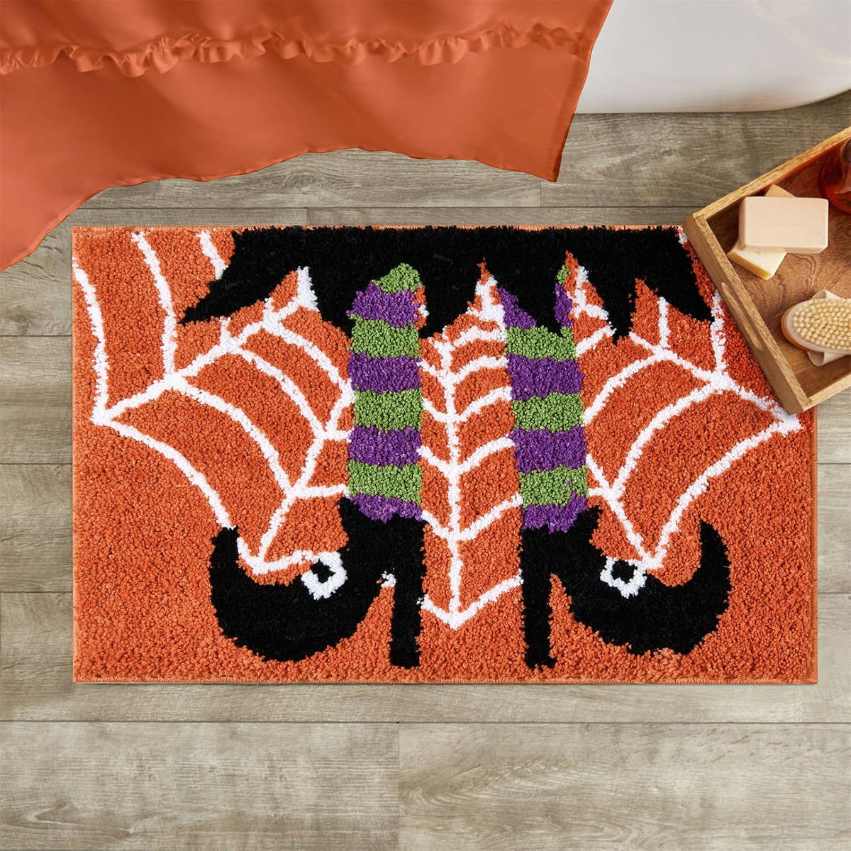 Roomtalks Vintage Witchy Halloween Bath Mat for Bathroom Non Slip Washable, Cute Witch Shoes Spider Web Microfiber Tufted Halloween Bath Rug 16’’W X 24’’L, Witchcraft Spooky Season Bathroom Mat
