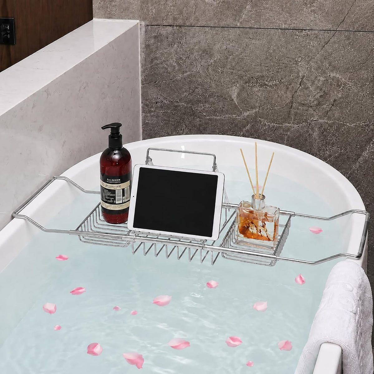 Bathtub Caddy Tray for Tub, Expandable Stainless Steel Bath Tray with Book Holder, over Tub Organizer Rack for Tablet, Soap, Towel, Spa Bath Accessories(Silver)