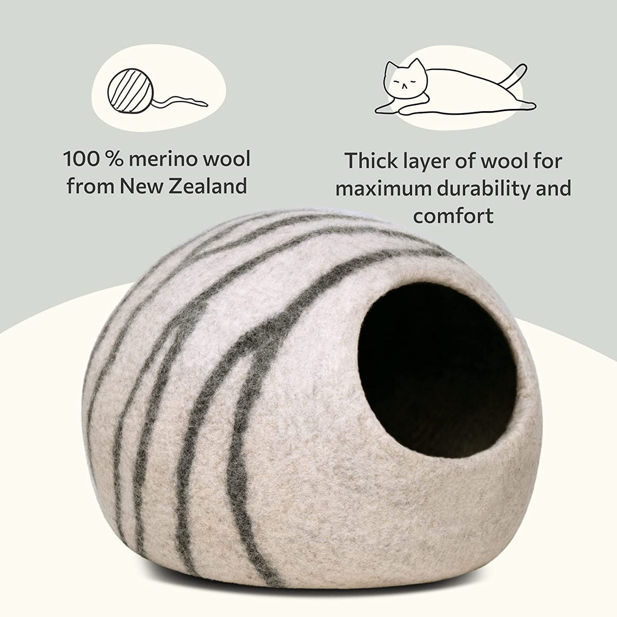 MEOWFIA Cat Cave - Merino Wool Bed for Indoor Cats (Light Gray, Medium)
