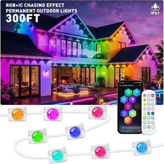 300FT Permanent Outdoor Lights, RGB+IC Waterproof Smart LED Eaves Lights with App & Remote Control, for Christmas and Holiday Decor, Daily and Accent Lighting for House Roof, Patio and Garden