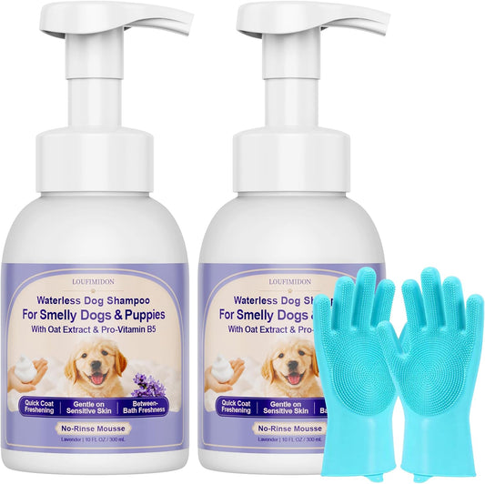 Waterless Dog Shampoo 2 X 10 FL OZ, Lavender No-Rinse Mousse with Gloves