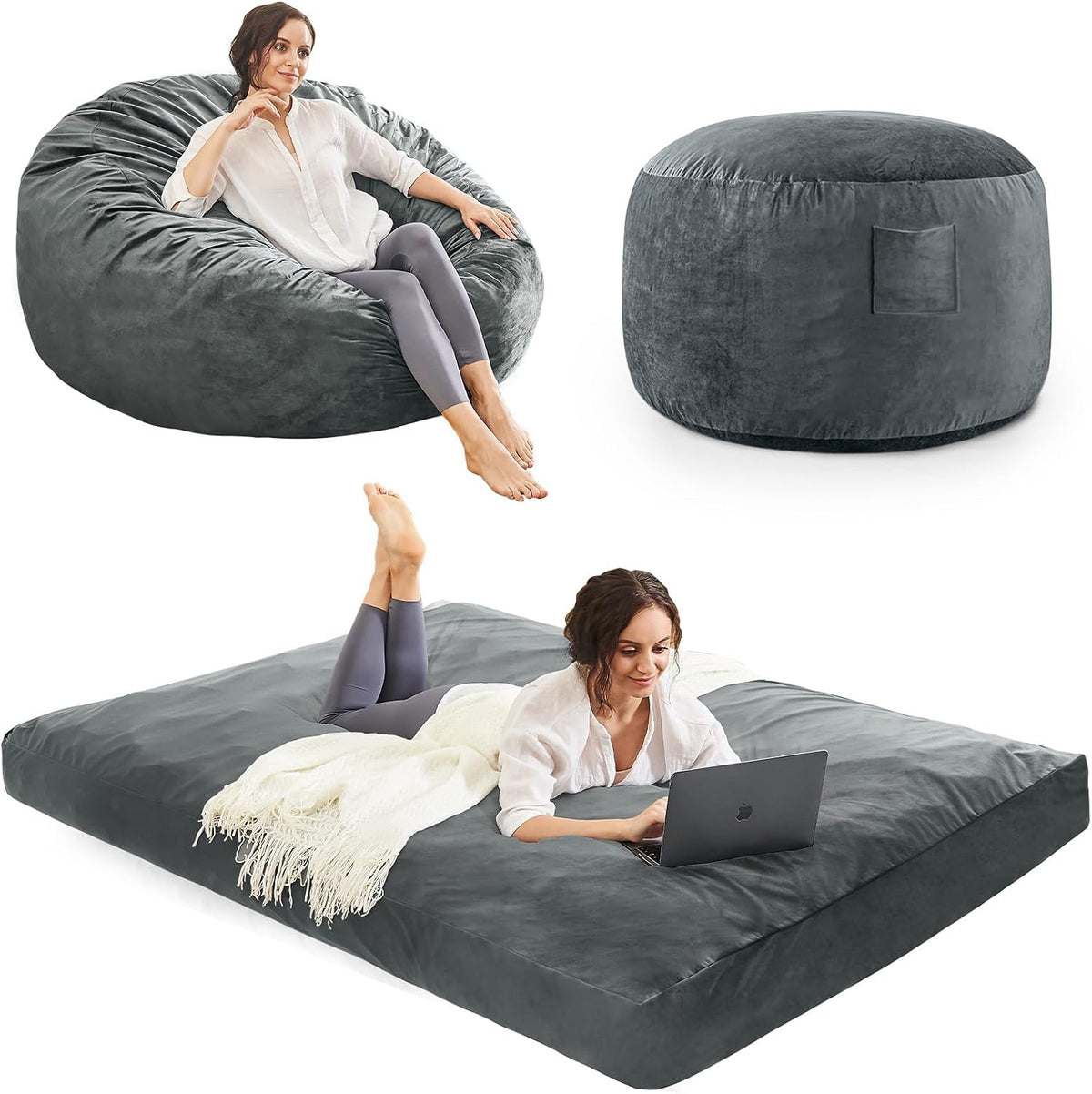 Bean Bag Chairs for Adults - Giant Bean Bag Convertible Floor Sofa