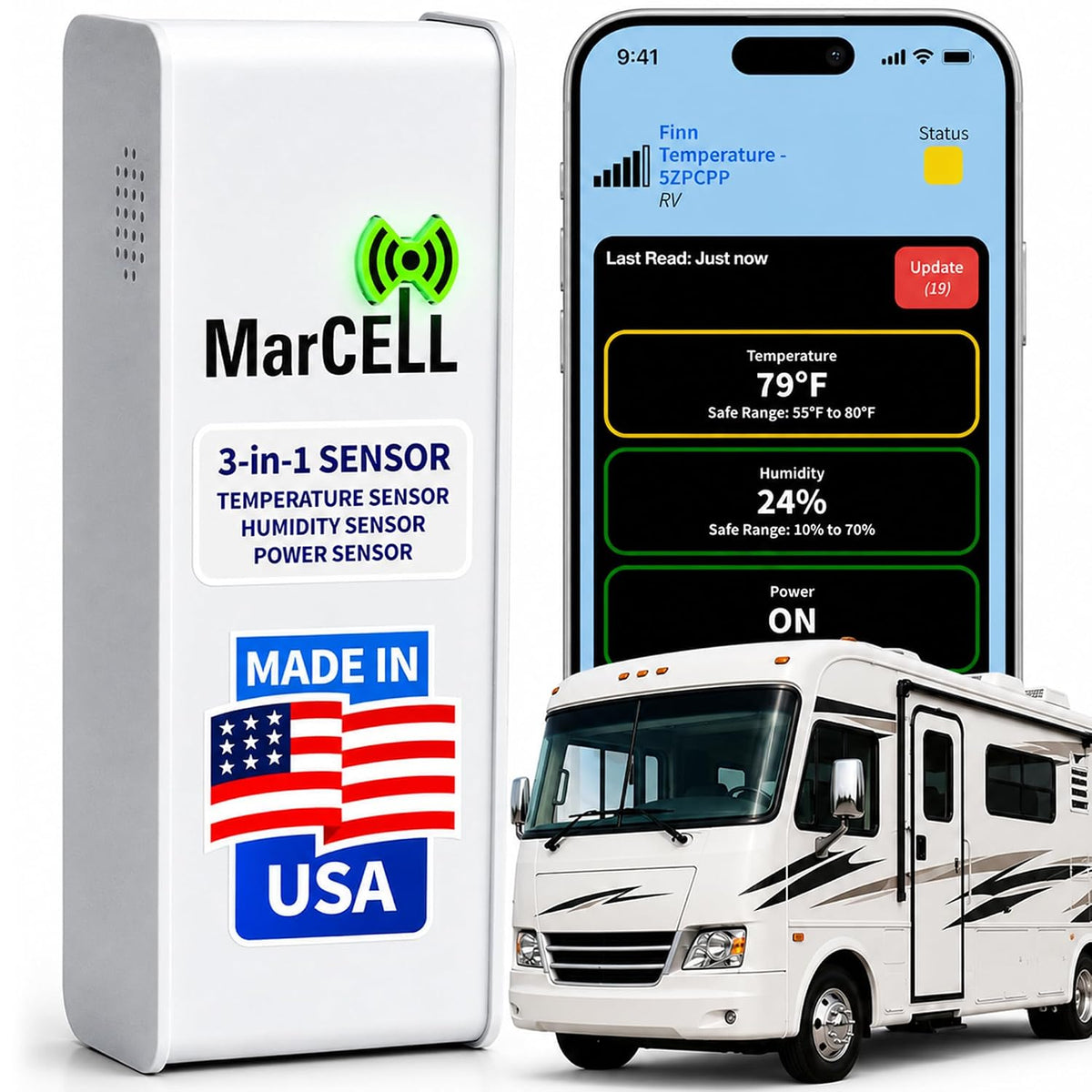 Marcell Cellular Temperature, Humidity & Power Monitor (Verizon) - Made in the USA - Rvs, Pet Safety Monitoring, Second Home Monitoring, Greenhouse Monitoring,- 24/7 Monitoring & Instant Alerts