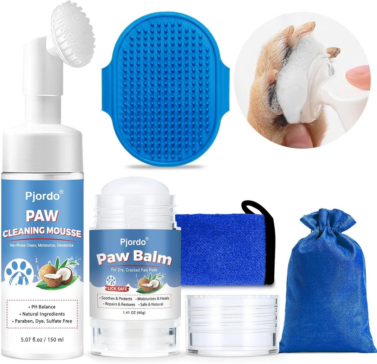 Dog Paw Cleaner Kit with No-Rinse Foam, Dog Paw Balm & Paw Scrubber