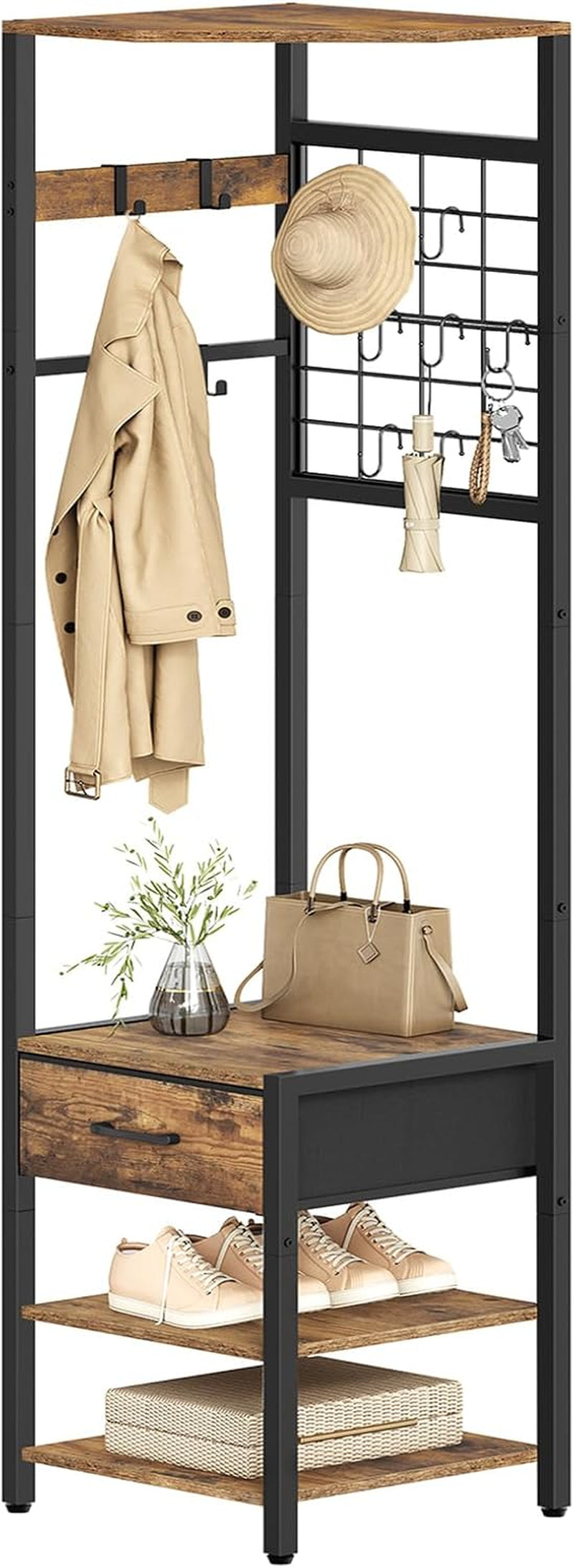 Corner Hall Tree with Drawer, Coat Rack with Shoe Storage