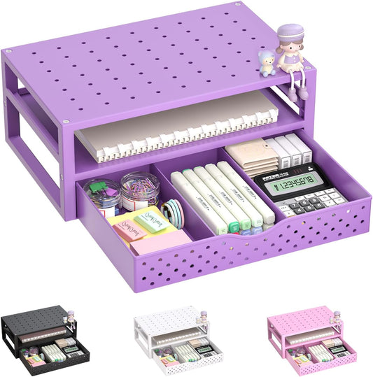 WALI Desk Organizer with Drawer，Computer Monitor Stand with Storage, Desk Organizers and Accessories for Computer, Printer, Laptop Riser for Home Office Supplies, (PTT005-V), 1 Pack, Purple