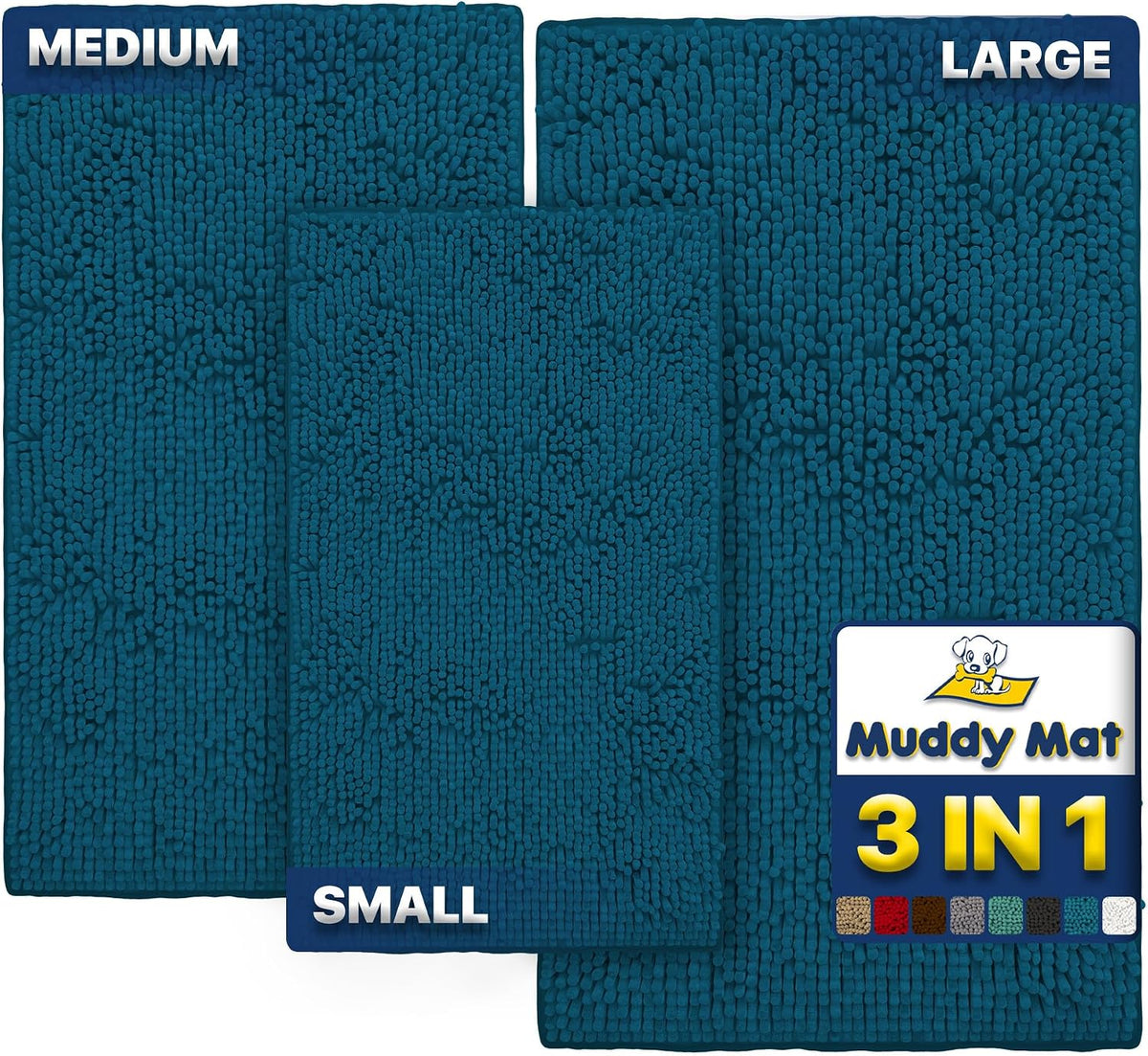 Muddy Mat® Pack of 3 Highly Absorbent Microfiber Dog Door Mat and Pet Rug, Non Slip Thick Washable Area Mat Soft Chenille for Kitchen Bathroom Bedroom and Outdoor, Atlantic Green Small, Medium & Large