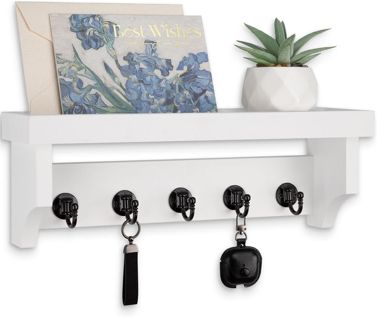 Key and Mail Holder Wall Mount, Mail Organizer with 5 Key Hooks