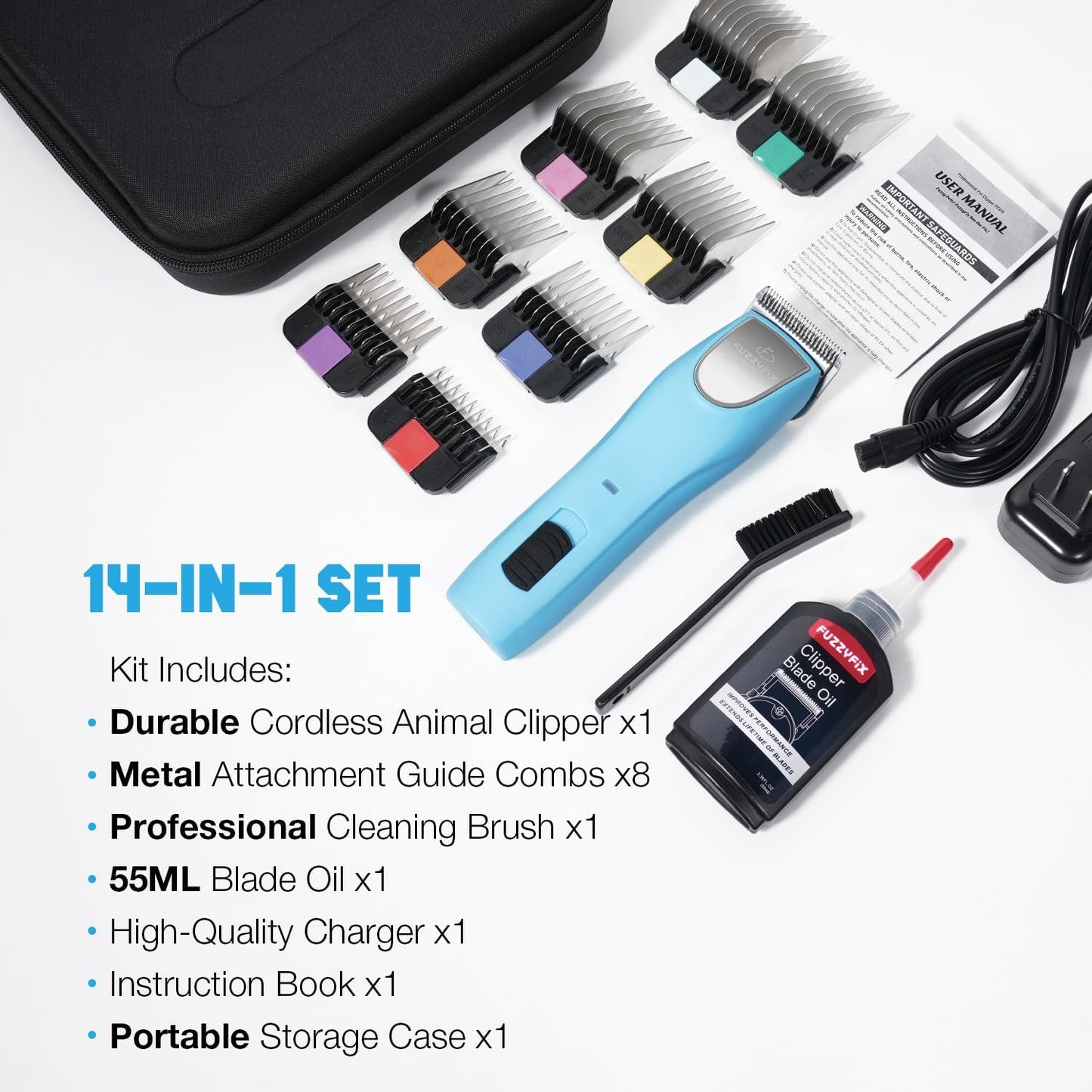 Professional Dog Clippers for Grooming - 2 Speed for Thick Curly Matted Coats, Low Noise Cordless Pet Hair Trimmer with Detachable A5 Blade & Metal Guide Combs Kit for Horse Animal Breeds