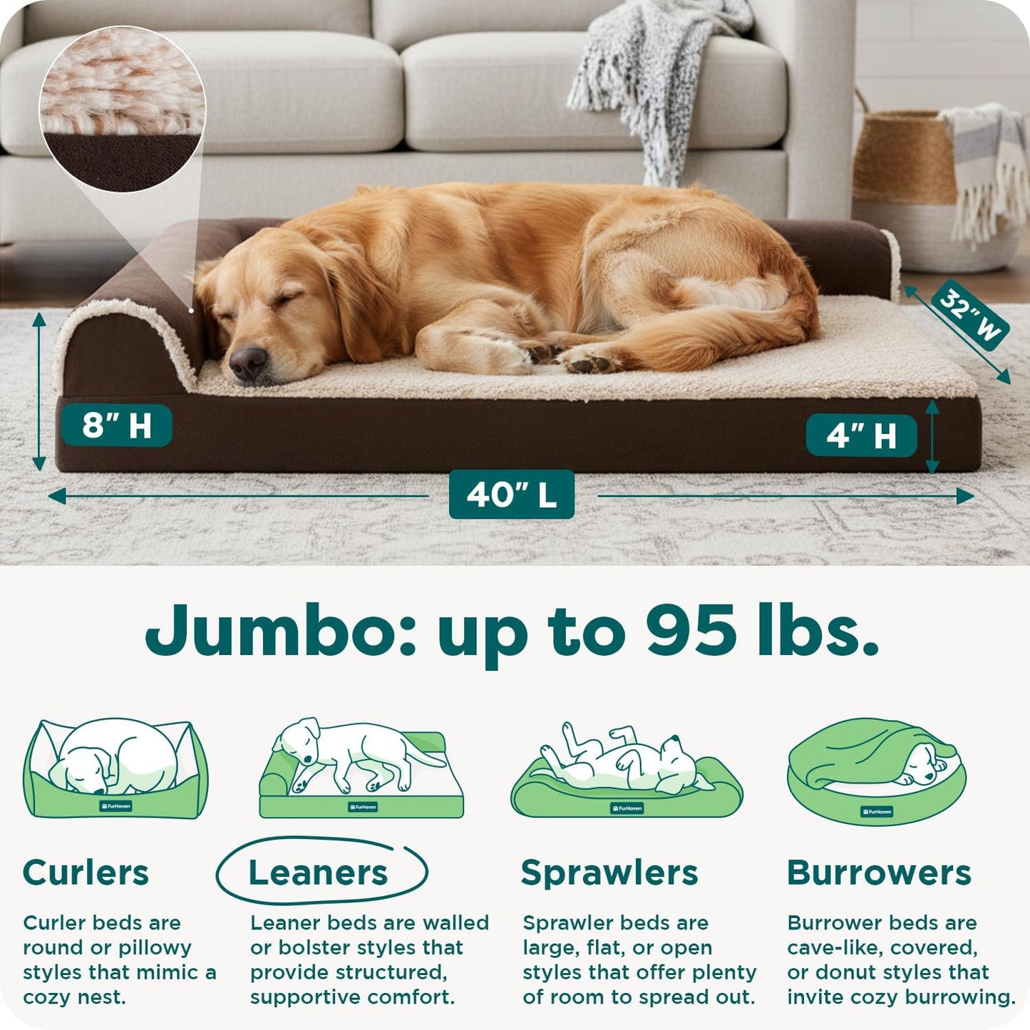 Orthopedic Dog Bed for Large Dogs, L-Shaped Chaise Mattress with Orthopedic Egg Crate with a Solid Orthopedic Foam Base for Joint Support, Washable Cover, Jumbo XL, Faux Fur & Suede, Espresso