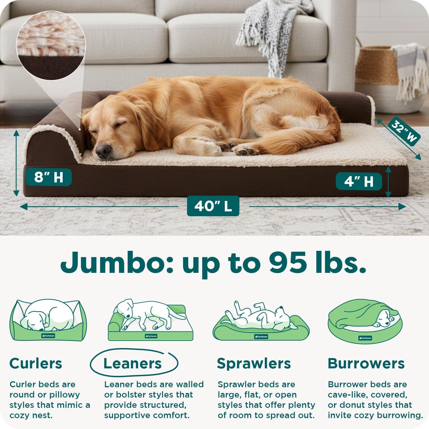Orthopedic Dog Bed for Large Dogs, L-Shaped Chaise Mattress with Orthopedic Egg Crate with a Solid Orthopedic Foam Base for Joint Support, Washable Cover, Jumbo XL, Faux Fur & Suede, Espresso