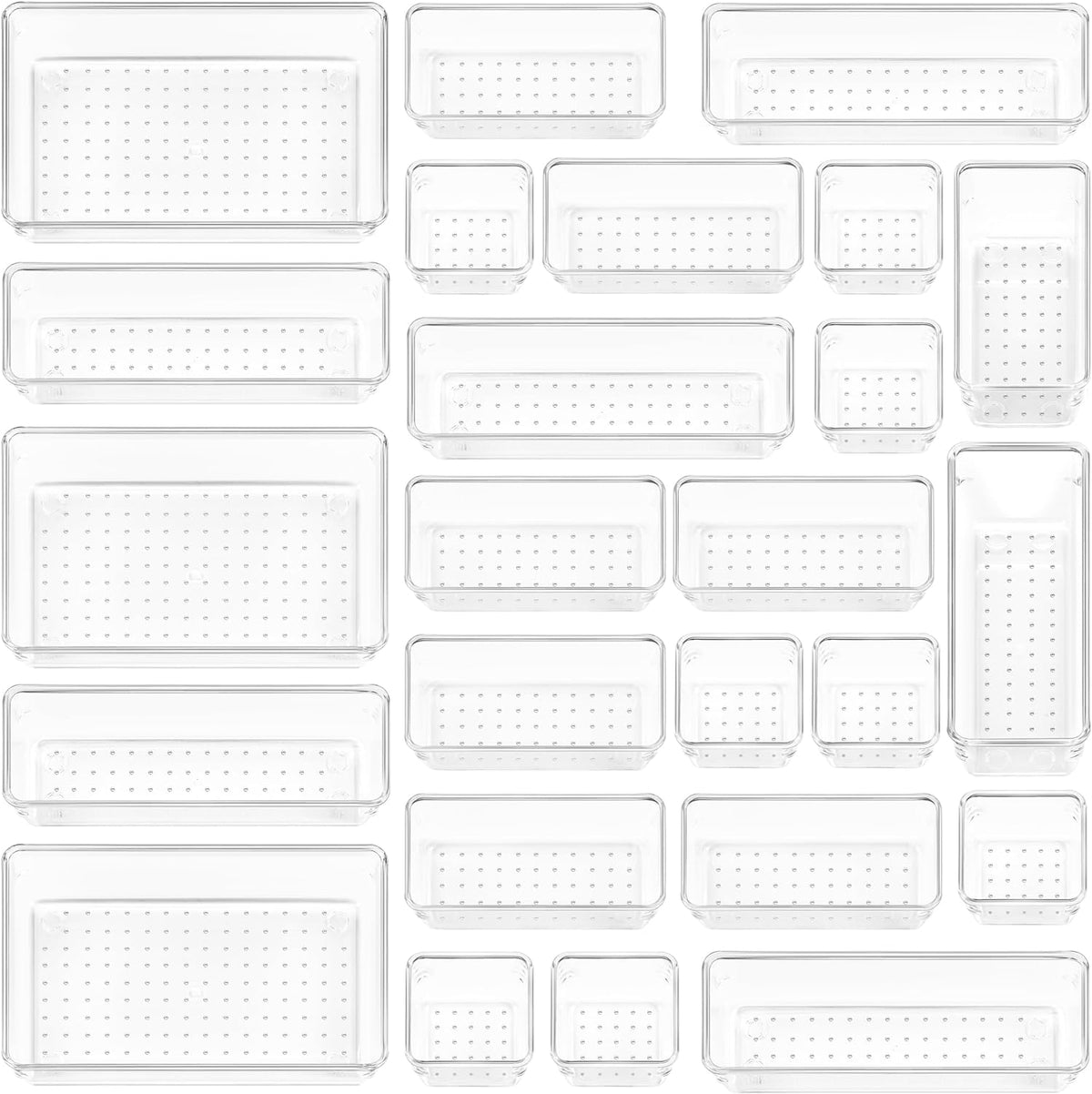 Vtopmart 72 PCS Clear Plastic Drawer Organizers Set, 4-Size Versatile Bathroom and Vanity Organizer Trays, Non-Slip Storage Containers for Makeup, Jewelries, Bedroom，Kitchen Utensils and Office