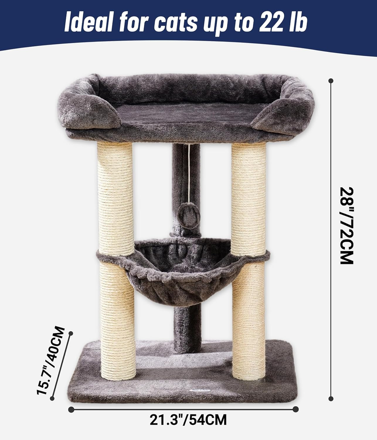 Happi N Pets 28" Cat Tree, Large Bed for Big Cats, Small Cat Tower with Soft Perch for Window Viewing, Stable Cat Tree Tower, Cat Scratching Post with Hammock, Removable Cover-Gray