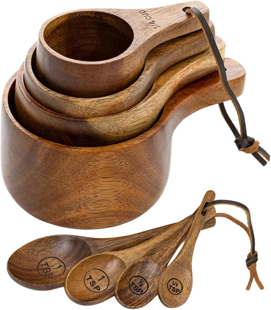 Wooden Measuring Cups and Spoons Set - Eco-Friendly Solid Acacia Wood, Laser Engraved Measurements, Perfect for Baking & Cooking - Ideal for Bakers, Chefs & Home Cooks（Brown）