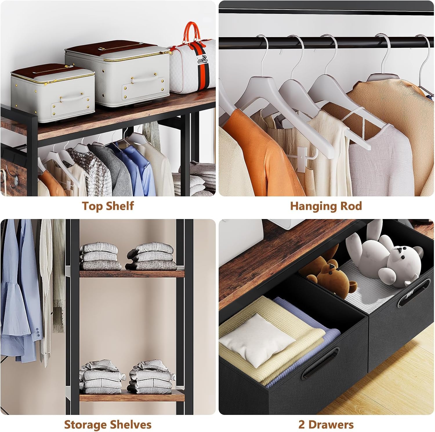 Clothes Rack, Heavy Duty Garment Rack for Clothes, Industrial Clothing Racks with Shelves, 2 Fabric Drawers and 6 Side Hooks, Freestanding Metal Wooden Closet Organizer, Rustic Brown ZER-010