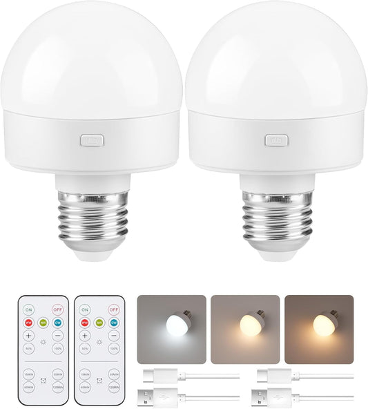 Rechargeable Light Bulbs with Remote Control 2 Packs, Battery Operated Light Bulbs with Timer & 3 Color Temperature, Detachable Wireless LED Bulb for Lamp, E26 Base, Non-Hardwired, W01YBP206