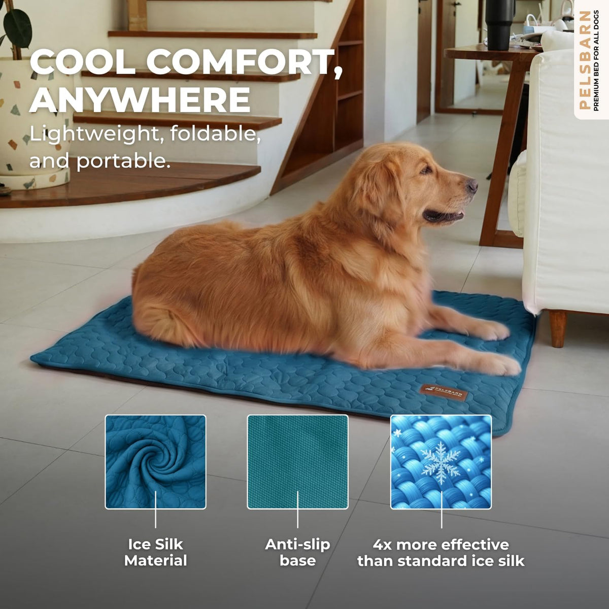Pelsbarn Dog Cooling Mat, Ice Silk Self-Cooling Pad, Deep Blue, XL