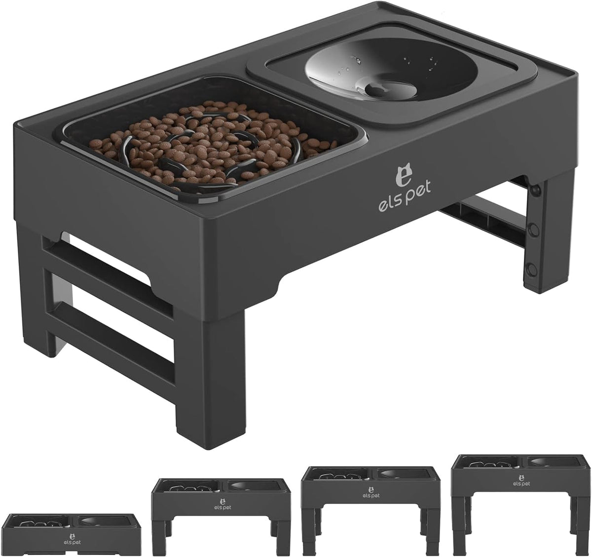 ELS PET Adjustable Elevated Dog Bowls, No Spill Water Bowl and Slow Feeder