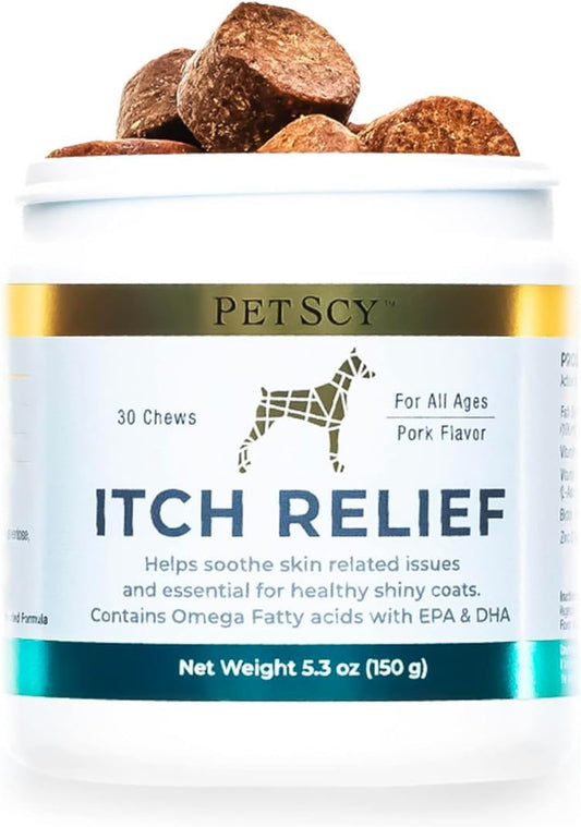 Petscy Dog Itch Relief Chews with Omega 3 Fatty Acids, EPA & DHA | Itch Relief for Dogs Nutritional Support, Immunity & Muscles | Itchy Skin Treatment for Dogs of All Ages, Pork Flavor - 30 Chews