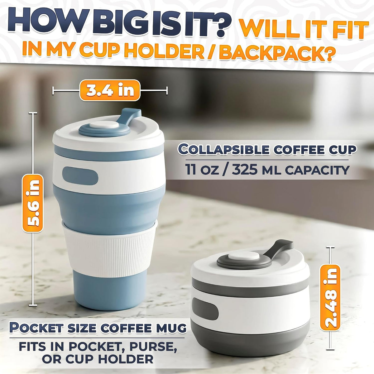 VIKROM Collapsible Coffee Cup with Lid, 2 Pack, 12 Oz Silicone Travel Mug