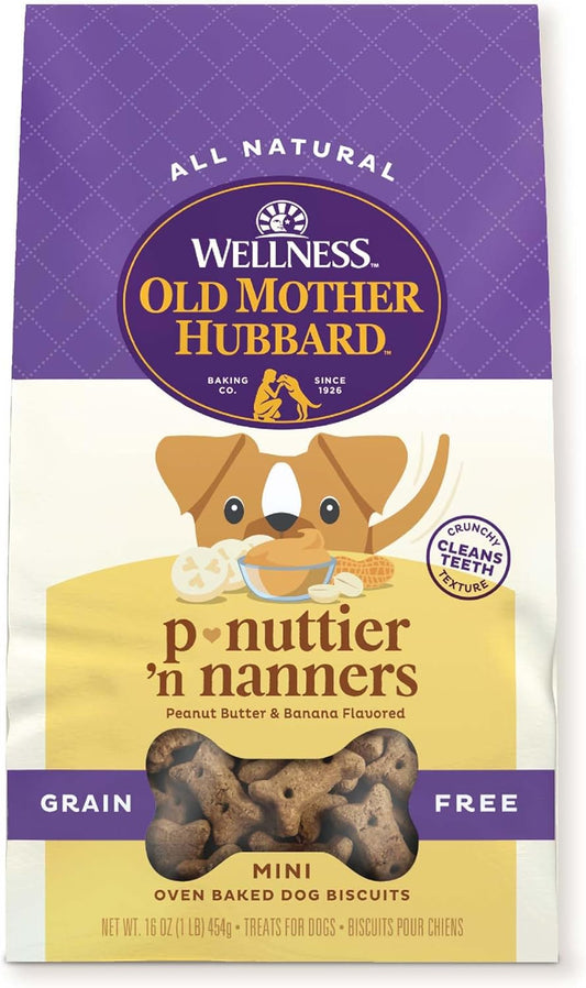 Wellness Old Mother Hubbard Classic Grain Free P-Nuttier'N Nanners Dog Biscuits, Natural Training Treats, Peanut Butter and Banana Flavor, Mini Size. 16 Oz Bag