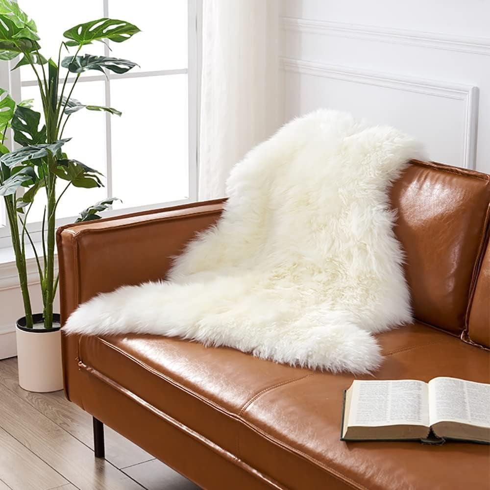 HUAHOO Premium Genuine Sheepskin Rug Real Australia Sheepskin Natural Luxury Fluffy Lambskin Fur Area Rug Seat Covers for Kids Bedroom Sofa Chair Cover Pets Dogs Mat Single Pelt/2'X 3' White/Ivory