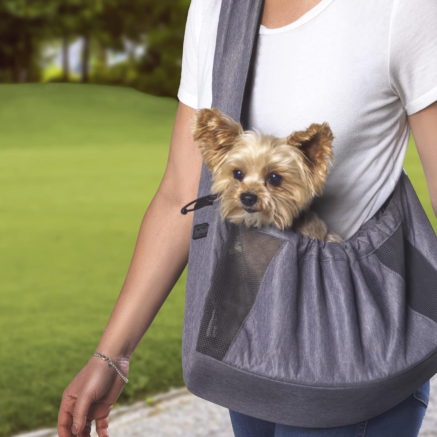 Outward Hound Puppak Sling Dog Carrier, Grey – Hands-Free Sling for Small Pets up to 15 Lbs, Adjustable Strap, Mesh Ventilation, Zippered Pocket, Drawstring Fit – Ideal for Travel & Adventures