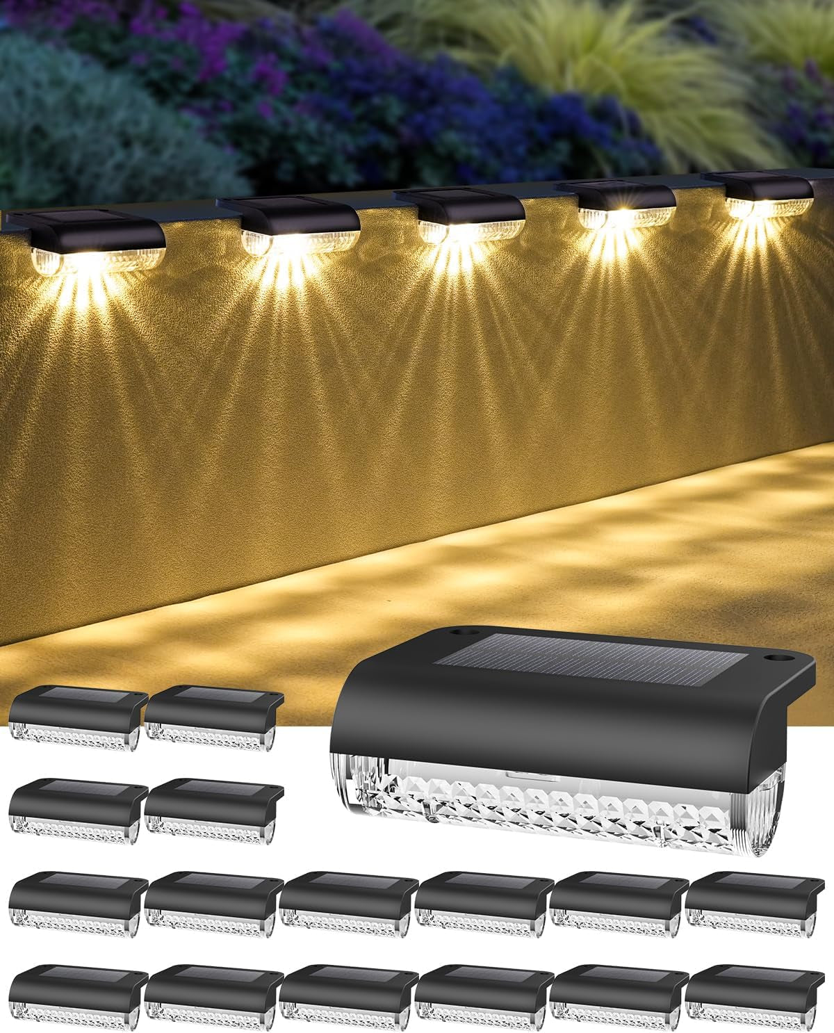 Herzila 16 Pack Solar Deck Lights Outdoor, Solar Step Lights Led Solar Lights for Outdoor Stairs, 3000K Warm White, Auto Dusk-To-Dawn, Weatherproof, Low Profile for Fence Deck Railing Patio