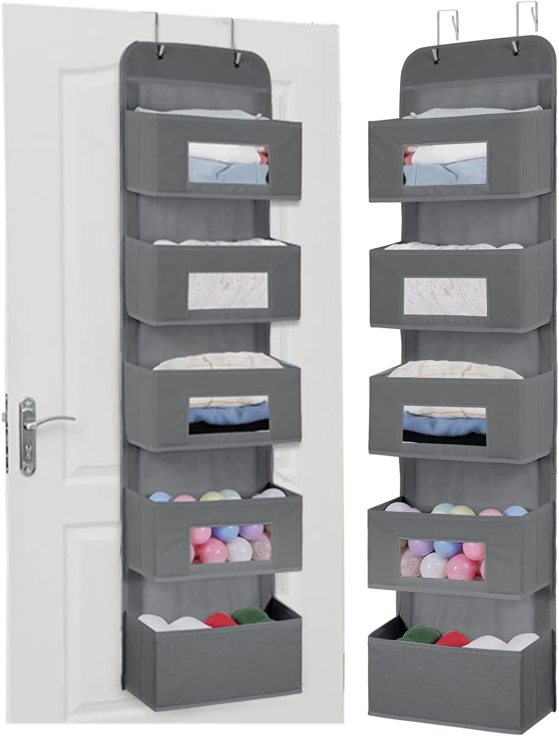 5-Shelf over the Door Hanging Organizer with 2 Hooks for Room, Gray