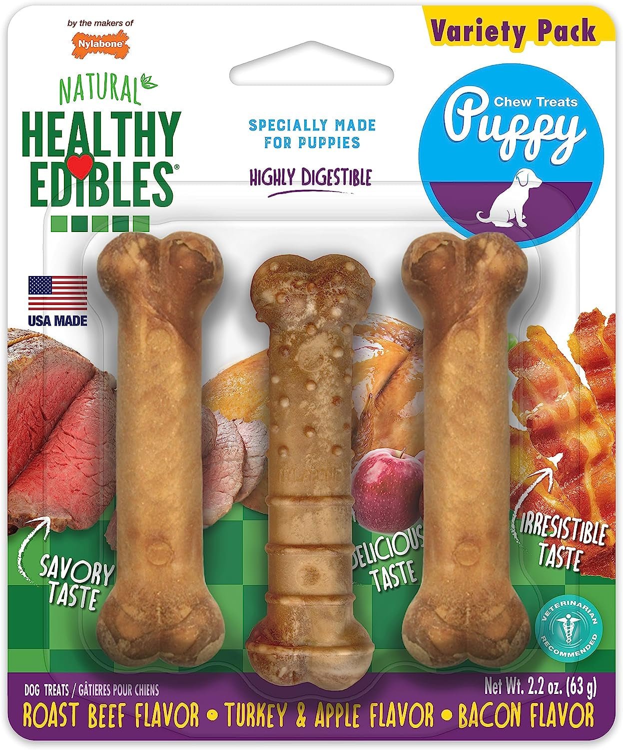 Nylabone Healthy Edibles Natural Puppy Chews Long Lasting Treats for Puppies, Roast Beef, Apple & Bacon Flavor, X-Small/Petite (3 Count)