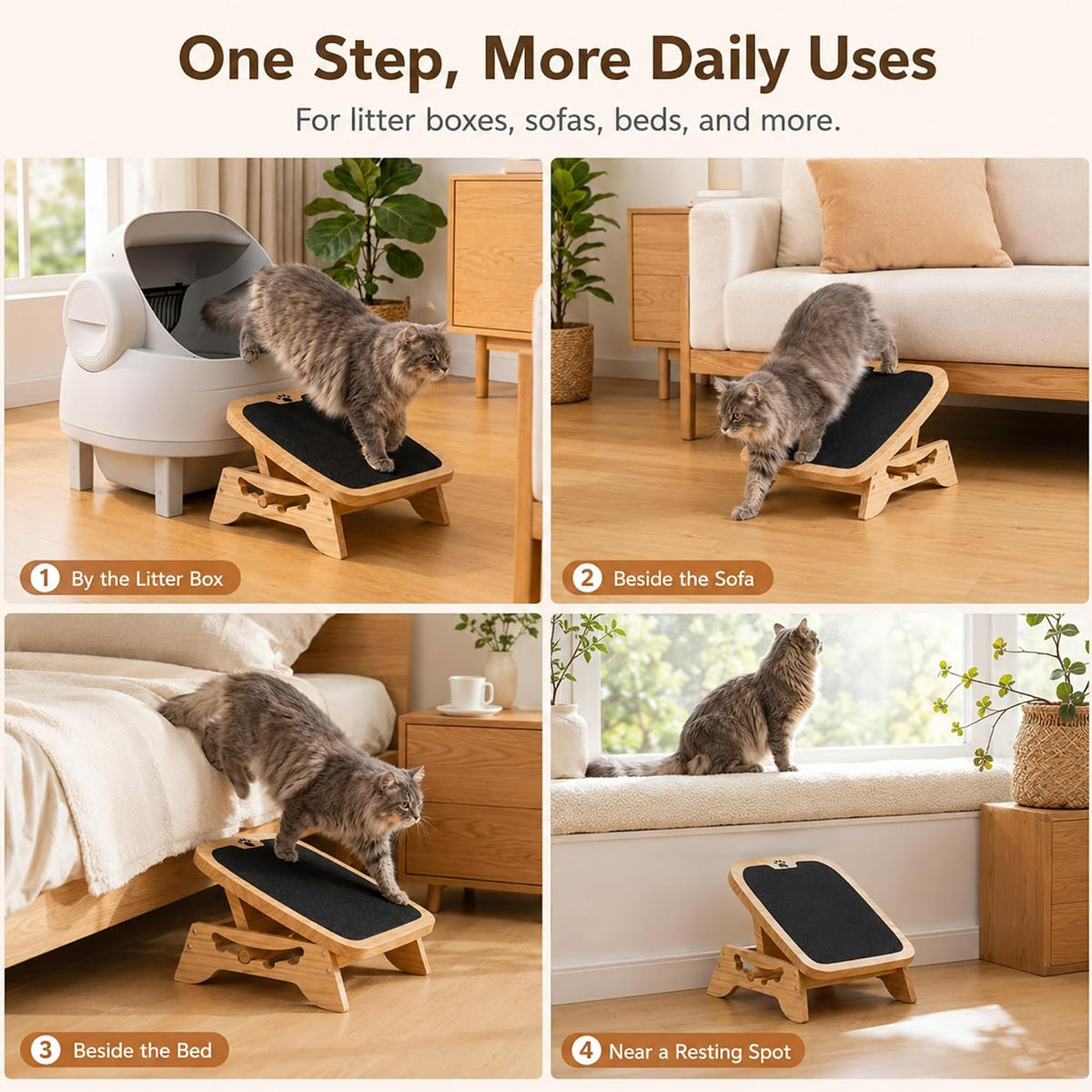 Wooden Litter Box Ramp, 4-Position Adjustable Cat Step for Automatic
