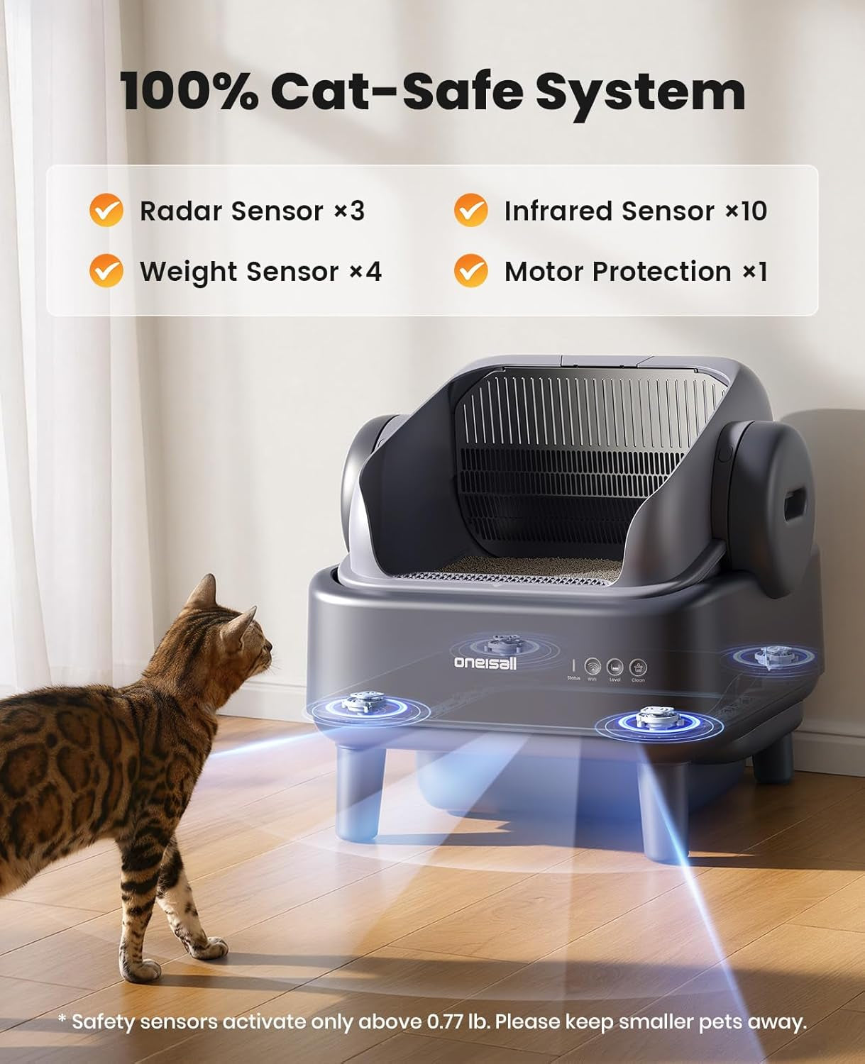 Oneisall Self Cleaning Litter Box with APP Control: Open-Top Smart Cat Litter Box Rinsable Easy Clean, Safety Protection&11L Large Waste Bin, Automatic Litter Box for Large Cats (Ease S1 Pro)