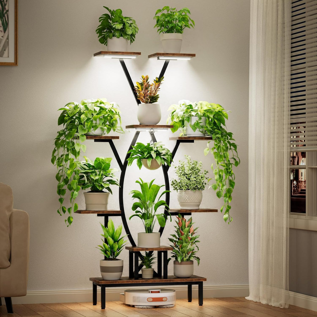 JUSTOGO Plant Stand Indoor with Grow Lights - 9 Tiered Tall Plant Shelf