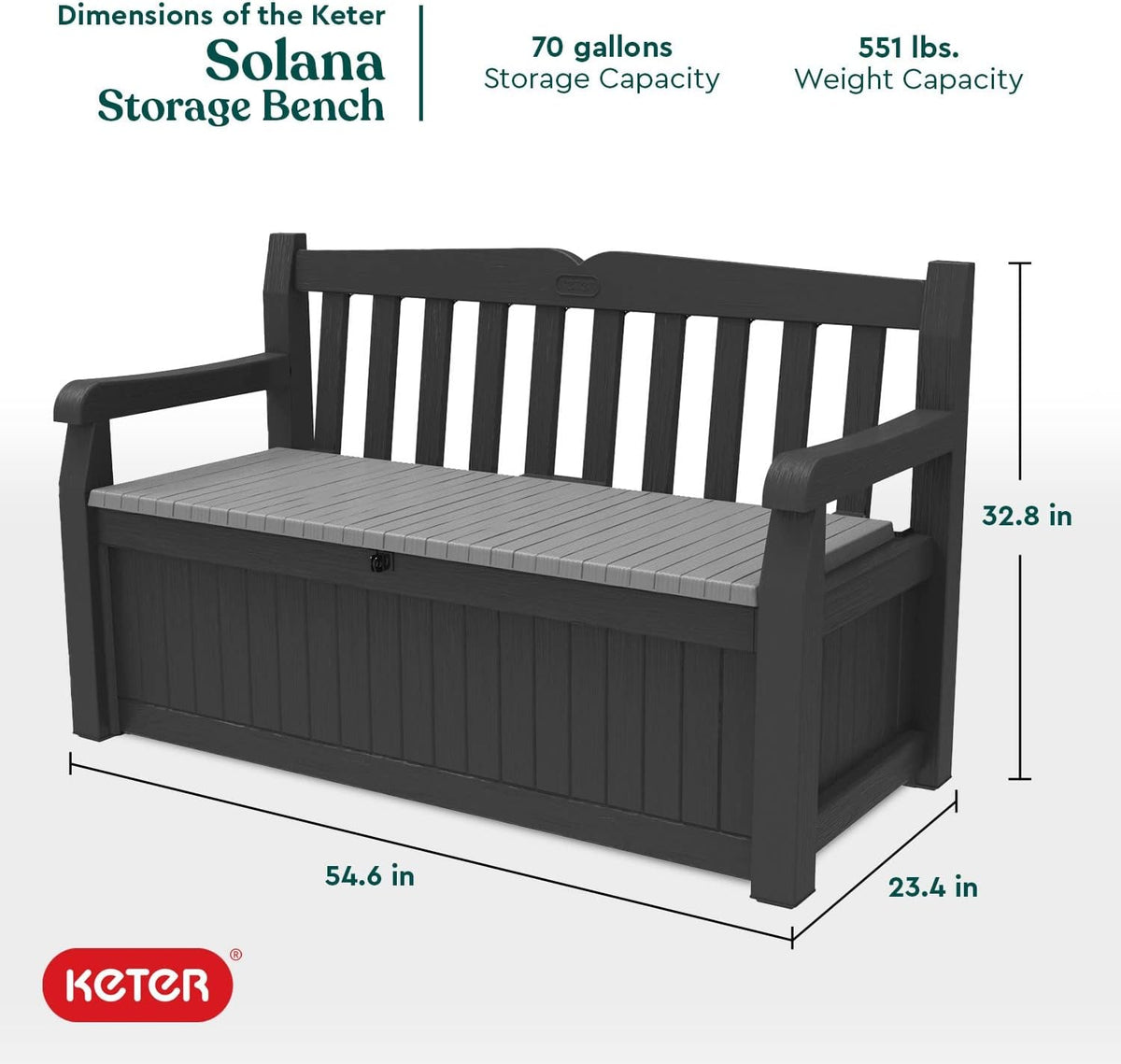 Keter Solana 70 Gal Outdoor Storage Bench for Patio and Pool Accessories