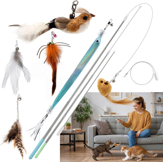 Interactive Cat Wand Toy, Retractable Feather Fishing Poles for Indoor Cats