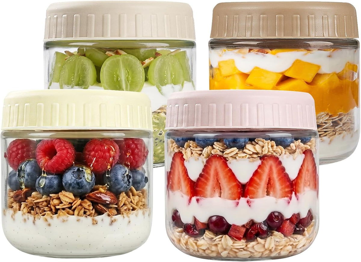 SHOWIN Overnight Oats Containers with Lids, 10Oz Glass Jars with Lids 4 Pcs, Wide Mouth Mason Jars for Salad, Yogurt, Snacks, Meal Prep