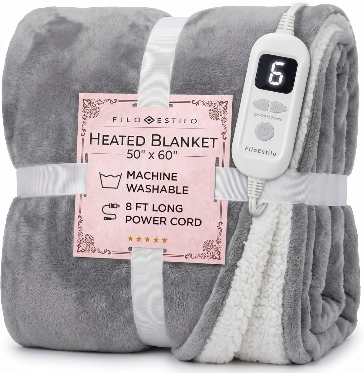 FILO ESTILO Electric Heated Throw Blanket 50"X60", 8Ft Cord, 6 Heat Levels