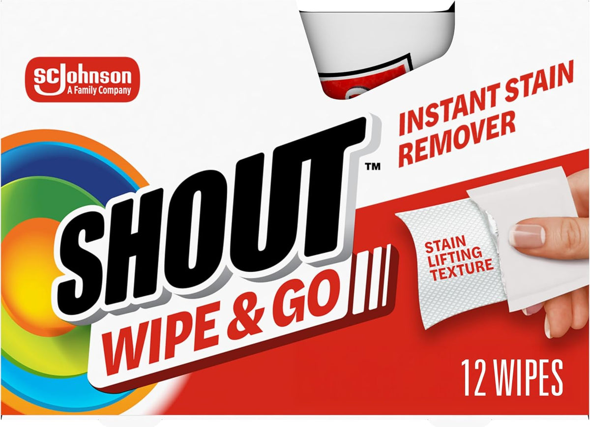 Shout Wipe & Go, Portable Instant Stain Remover Wipes, 12 Count, (1-Pack)
