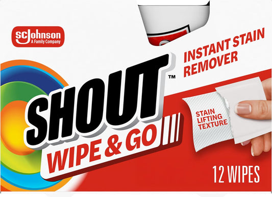 Shout Wipe & Go, Portable Instant Stain Remover Wipes, 12 Count, (1-Pack)
