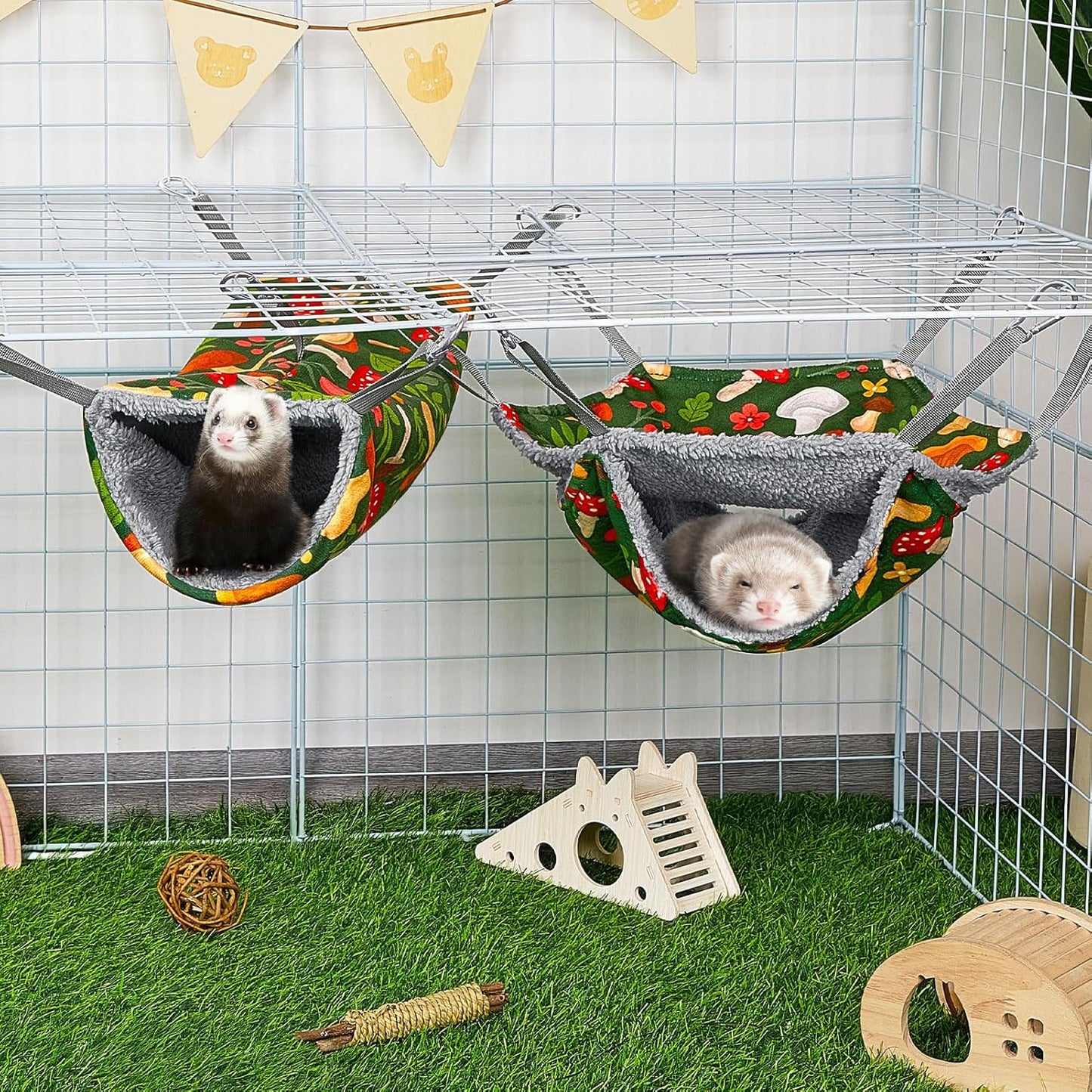 Bienbee 2 Pcs Ferret Rat Hammock Set for Cage Washable Guinea Pig Hideout Bed Soft Small Animal Hammock Tunnel Toys Ferret Cage Accessories for Hedgehog Sugar Glider Squirrel Hamster, Green Mushroom