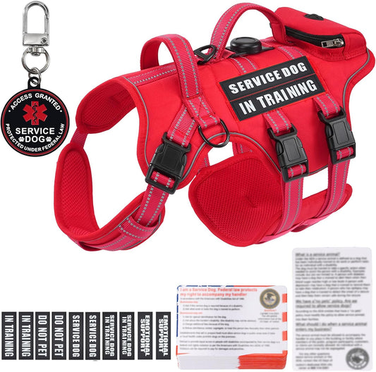 Service Dog Harness, Adjustable Service Dog Vest + ID Tag 50 ADA Cards, 10 PCS Removable Patches, Red ESA Pet Harness with Locator Holder for Small Medium Large Dogs, No-Pull Dogs Vest Harnesses