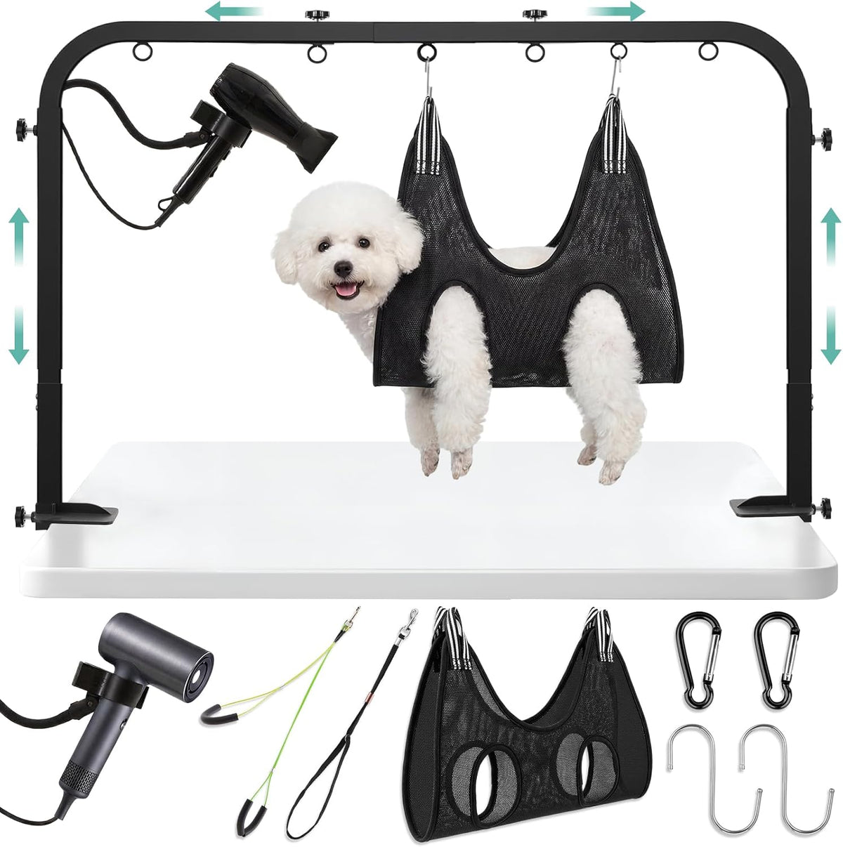 Sadnyy 2-In-1 Dog Grooming Arm Table with Hair Dryer Stand, Pet Grooming Hammock, Adjustable 27-35 In, Width 27" -35", 2 Nooses, Loop Noose Heavy-Duty Clamp, Station for Nail Trimming, Drying