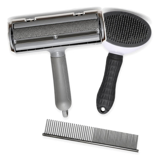 Pet Hair Remover Kit, 3-In-1 Reusable Lint Roller, Deshedding Brush & Grooming Comb for Dogs & Cats, Pet Hair Remover for Couch, Furniture, Carpet & Car