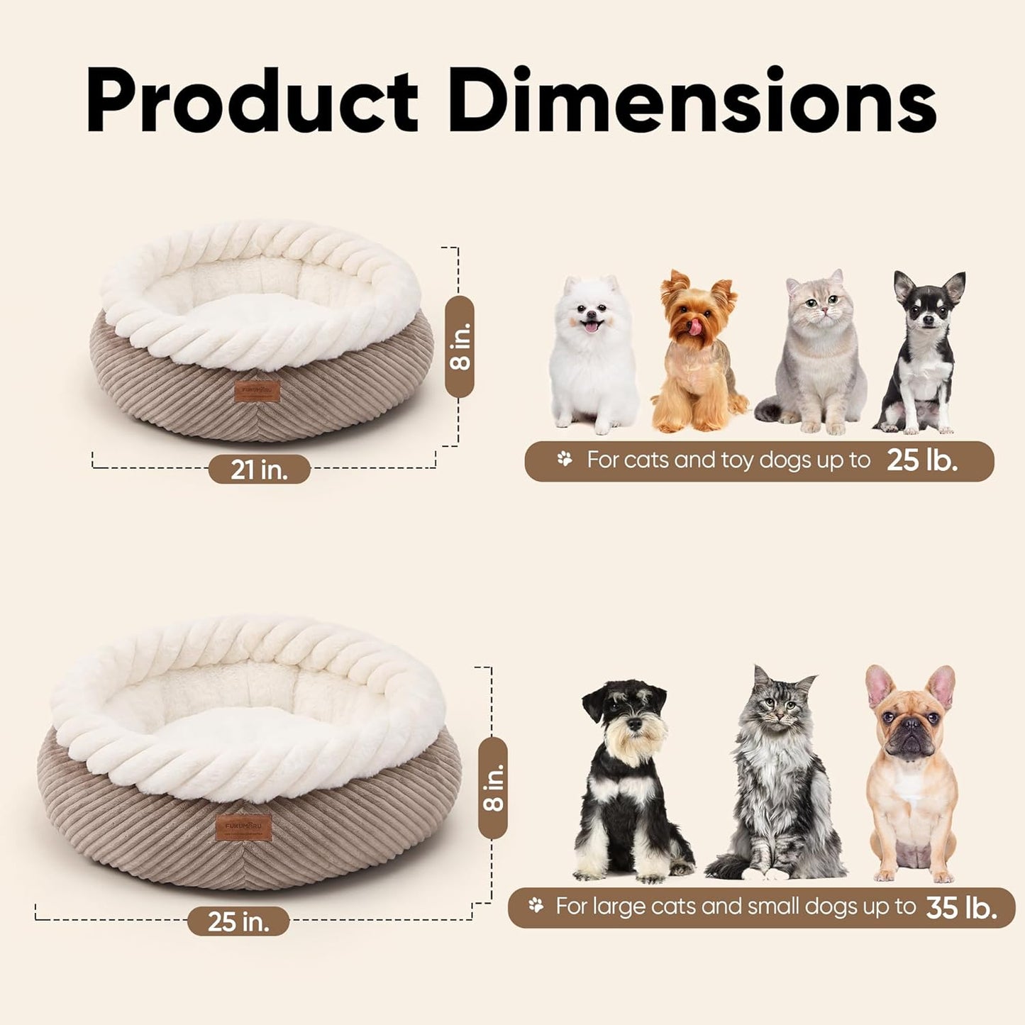 FUKUMARU Cat Bed, Calming Donut Dog Beds, Plush Faux Fur&Corduroy Kitten Beds, Cute round Washable Pet Bed for Large Cats and Puppy, Cat Cave with Anti-Slip Bottom, 21Inch, Camel