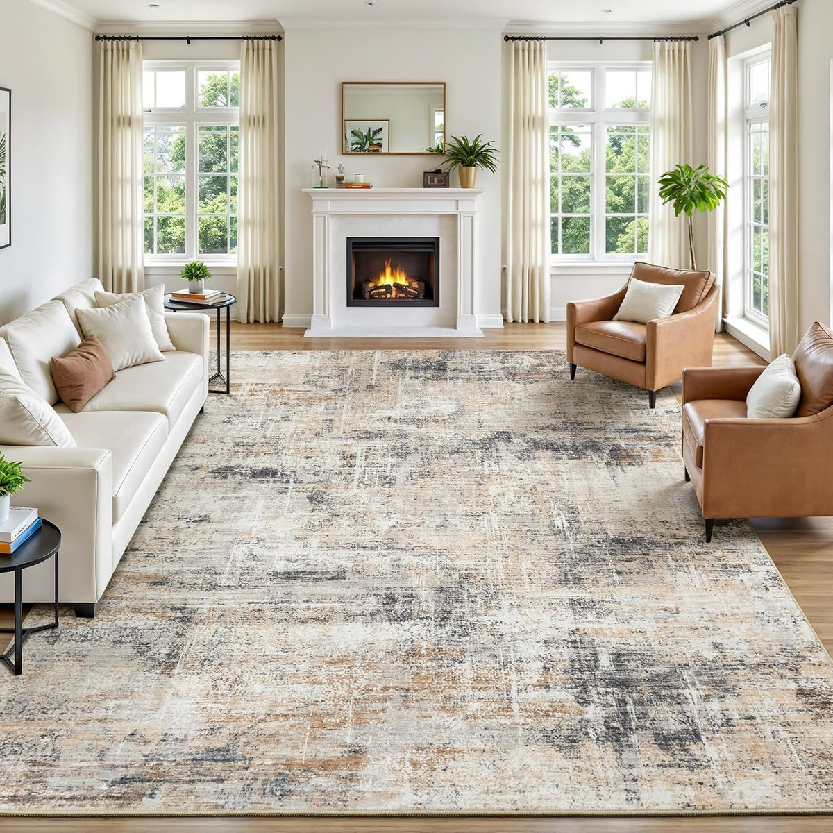 8X10 Area Rug for Living Room, Abstract Washable Non-Slip Large Rugs, Gold