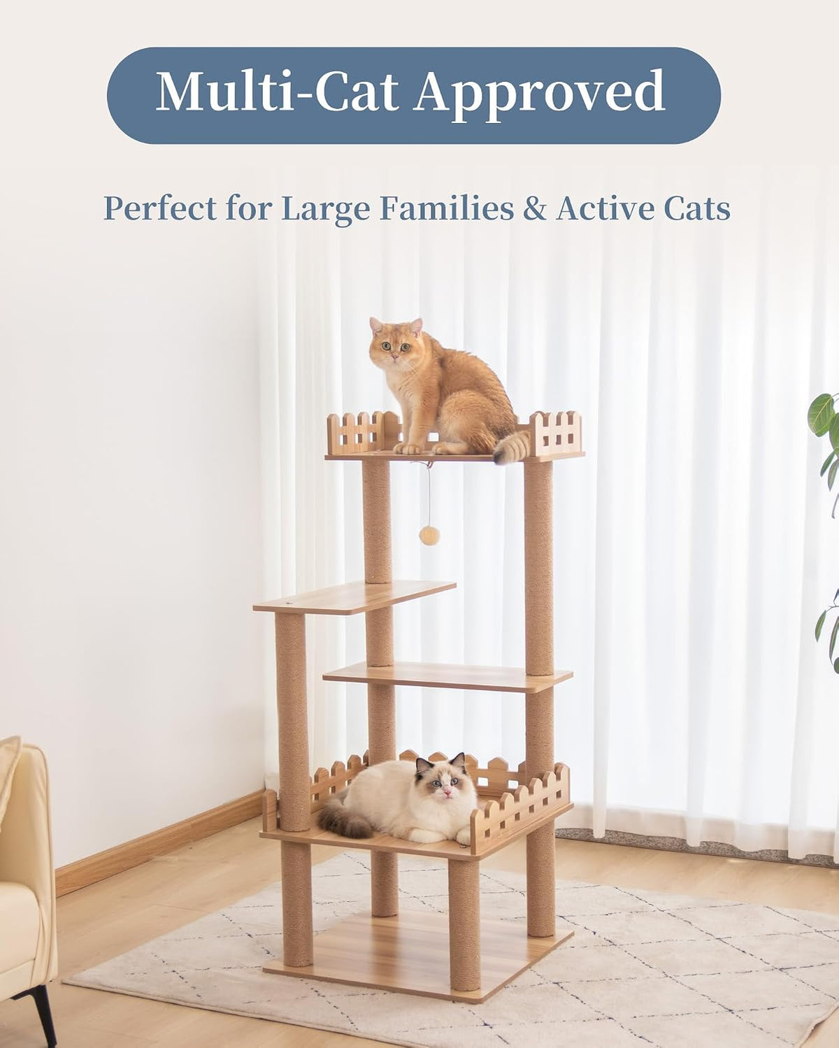 Wood Cat Tree for Indoor Cats, 49 Inch Cats Furniture Tower with Large Platforms, Full Sisal Scratching Posts, Water Proof Surface