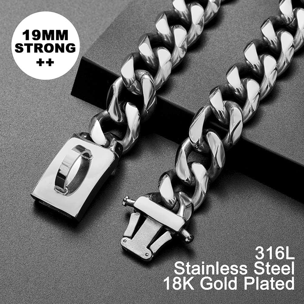 Dog Chain Collar Walking Metal Collar with Design Secure Buckle Cuban Link Strong Heavy Duty Chew Proof for Large Dogs(19Mm, 22")