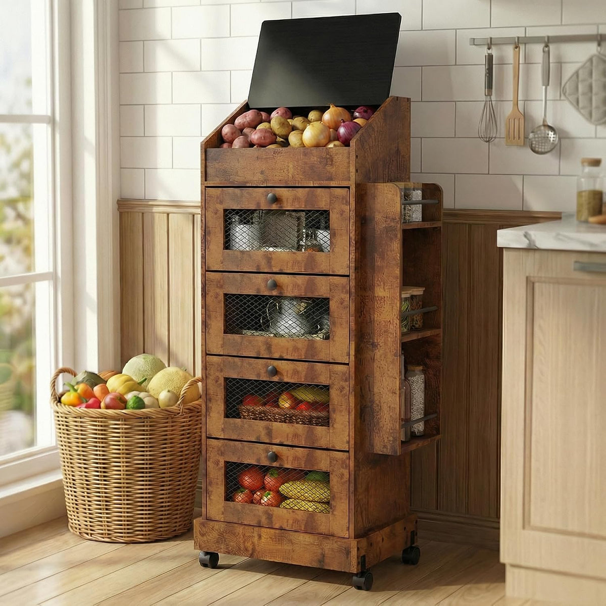 ARTETHYS Potato Storage Bin 5-Tier Rolling Bread Box Cabinet with Side Rack