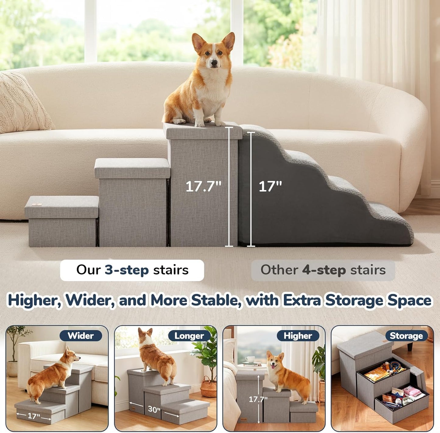 3-Step Wide Dog Stairs with Hidden Storage 18" H, Non-Slip Dog Steps for High Bed Couch Window Car, Jiont-Friendly Pet Stairs Ramp for Small/Medium/Large Old Dogs Cats up to 200Lbs, Grey